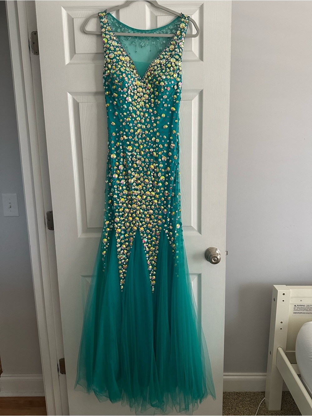 Glow Teal Beaded Mermaid Prom Gown